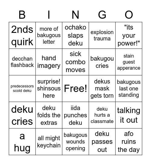 deku vs class a Bingo Card