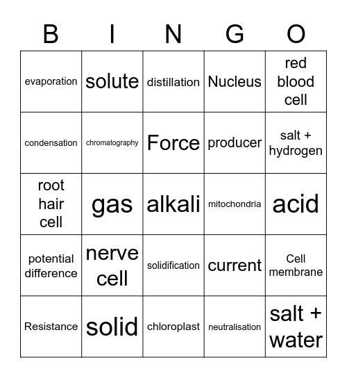 Year 7 Science Bingo - 1 Bingo Card