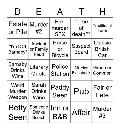Midsomer Murder Bingo Card