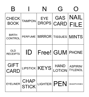 WHAT'S IN YOUR PURSE Bingo Card