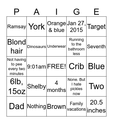Heather's baby shower bingo Card