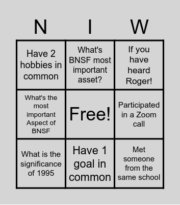 BNSF Internship Week Bingo Card