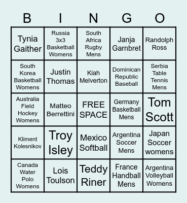 2020 Tokyo Olympics Bingo Card