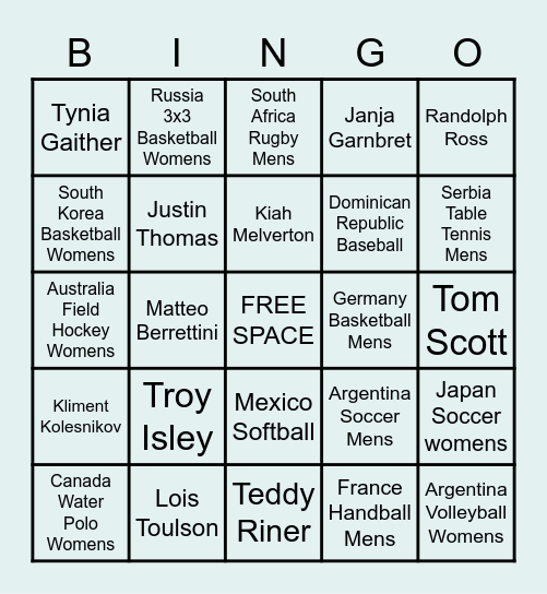 2020 Tokyo Olympics Bingo Card