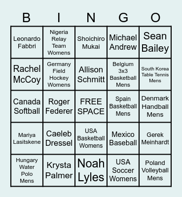 2020 Tokyo Olympics Bingo Card