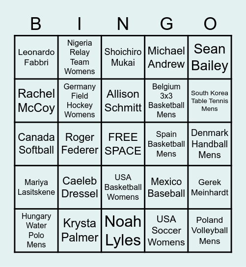 2020 Tokyo Olympics Bingo Card