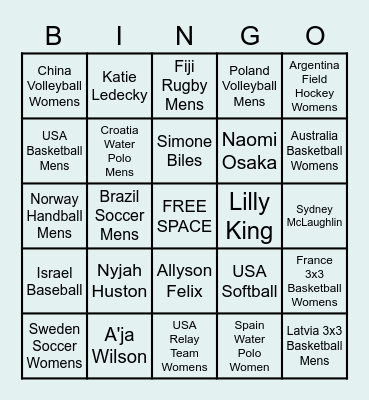 2020 Tokyo Olympics Bingo Card