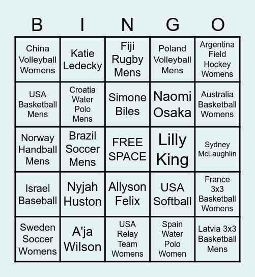 2020 Tokyo Olympics Bingo Card