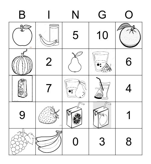 kids level 1 - fruit/juice and N from 1 to 10 Bingo Card
