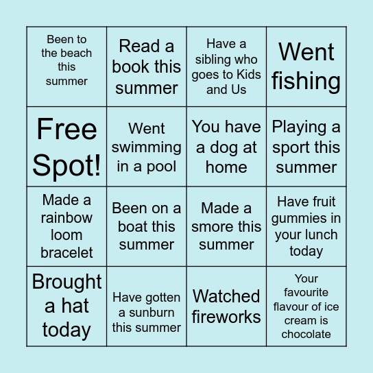 Kids and Us Summer Bingo Card