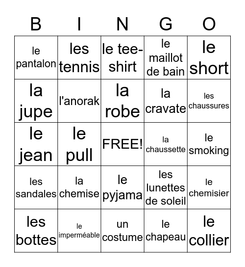 Les Vêtements Bingo Card