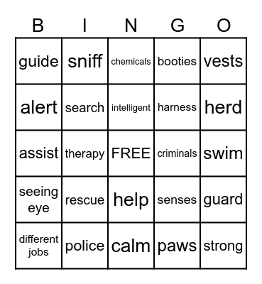 Working Dogs Bingo Card