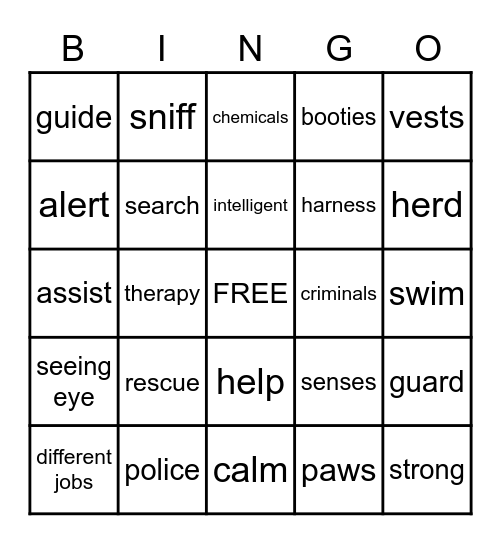 Working Dogs Bingo Card