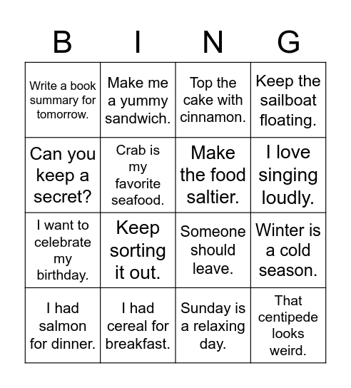 /s/ sentence Bingo Card