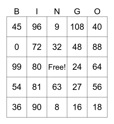Multiplication 8s, 9s Bingo Card