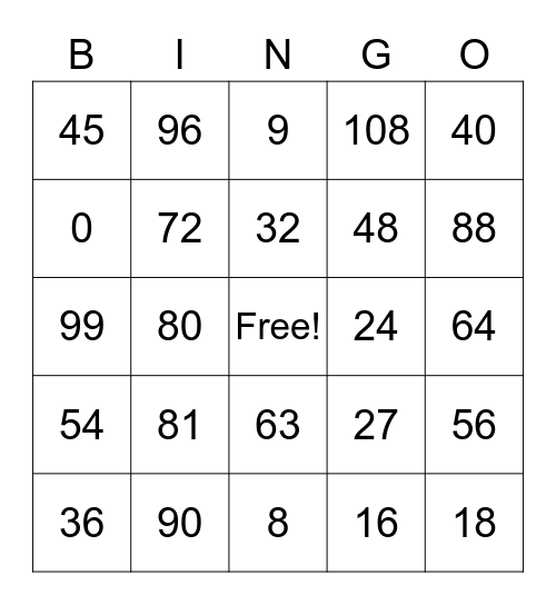 Multiplication 8s, 9s Bingo Card