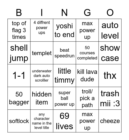 mario maker Bingo Card