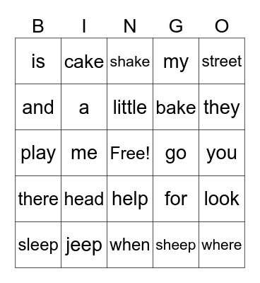 word family/sight word bingo Card