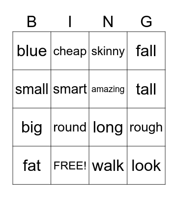 Verbs/Adjectives Bingo Card