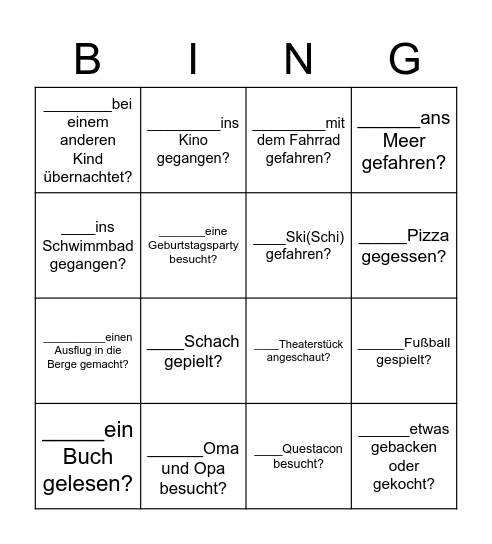 Bist du in den Ferien ...? Hast du in den Ferien..? Bingo Card