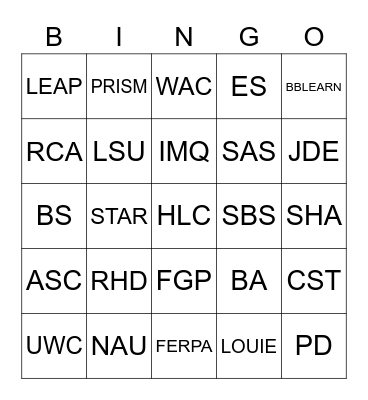 NAU Lingo Bingo Card