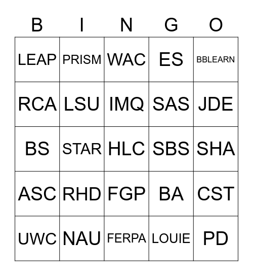 NAU Lingo Bingo Card