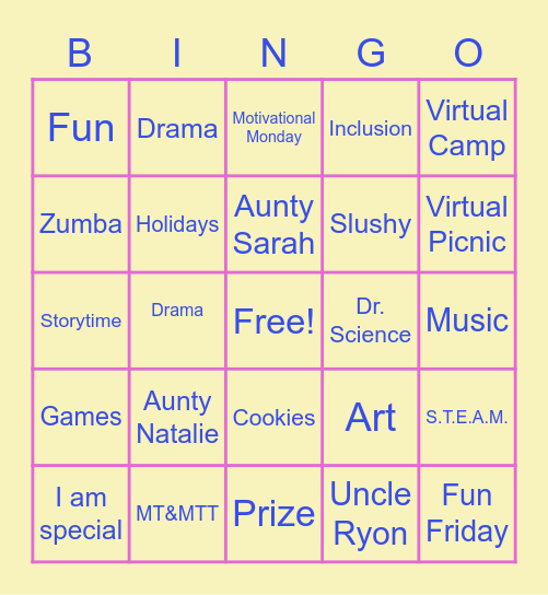 Let's play BINGO with Aunty Natalie Bingo Card