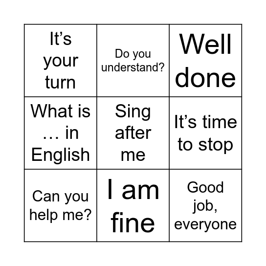 Classroom language Bingo Card