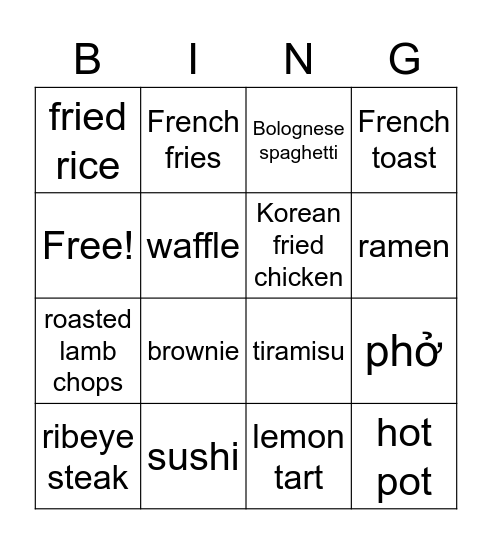 favourite food Bingo Card