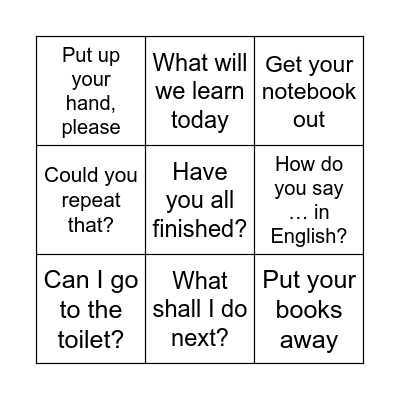 Classroom Language Bingo Card