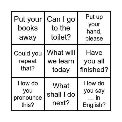 Classroom language Bingo Card