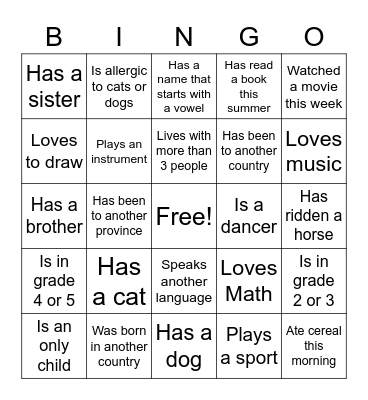 Getting to Know You Bingo Card