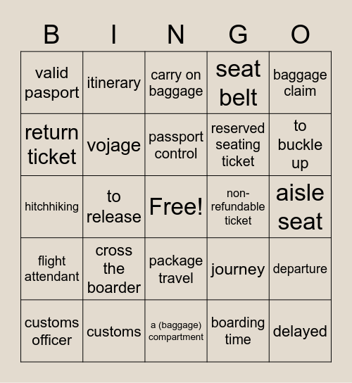 Travelling I, II Bingo Card