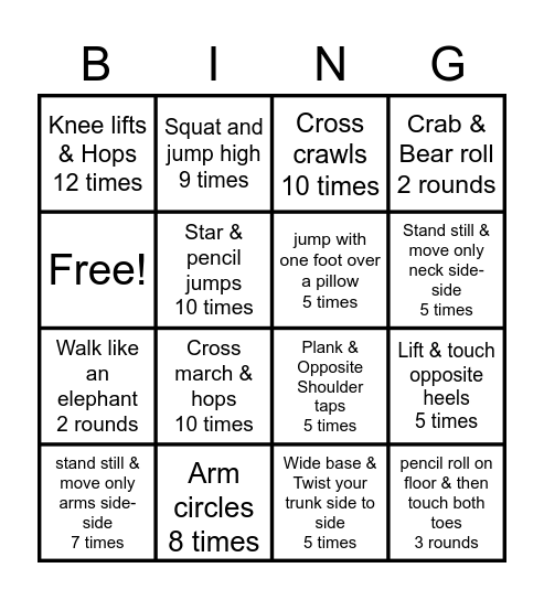Bilateral sensory activities Bingo Card