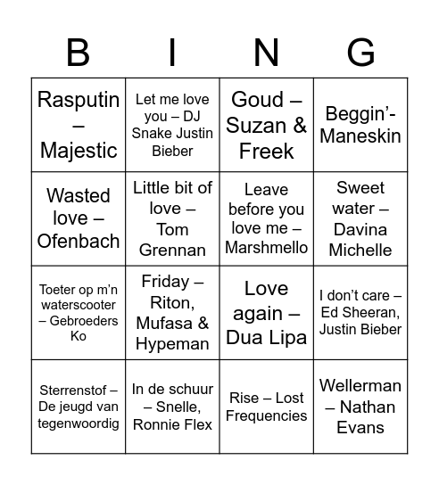 Liedjesbingo groep 6 Bingo Card