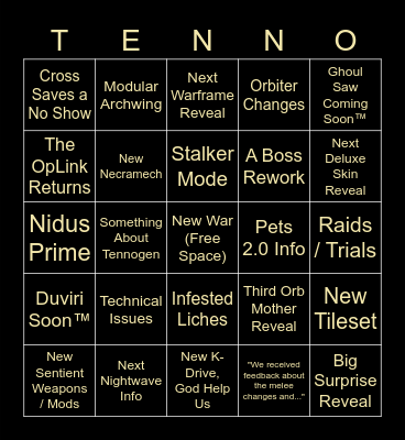 Tennocon Bingo Card