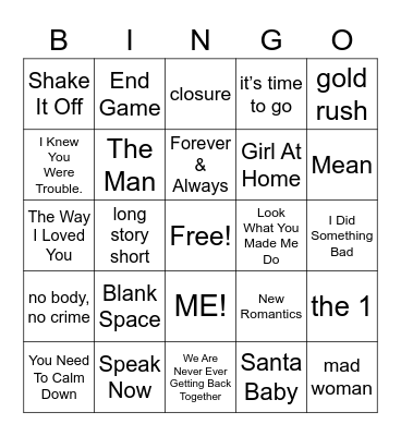 Sassy Songs Bingo Card