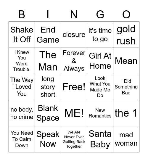 Sassy Songs Bingo Card