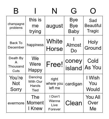 Breakup/Sad  Songs Bingo Card
