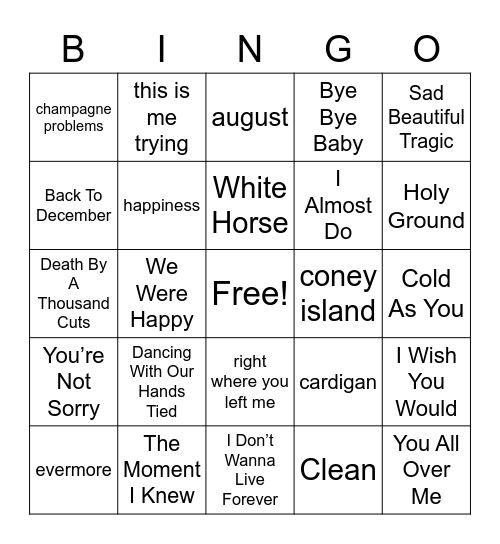 Breakup/Sad  Songs Bingo Card