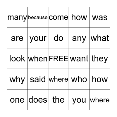 Sight Words Bingo Card