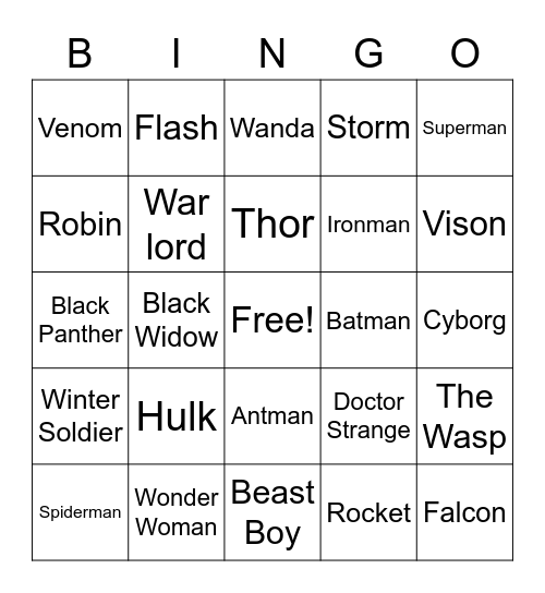 Super Hero Bingo Card