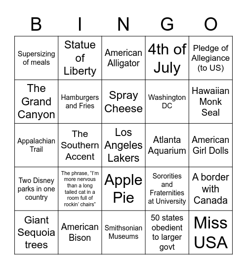 American Things Bingo Card