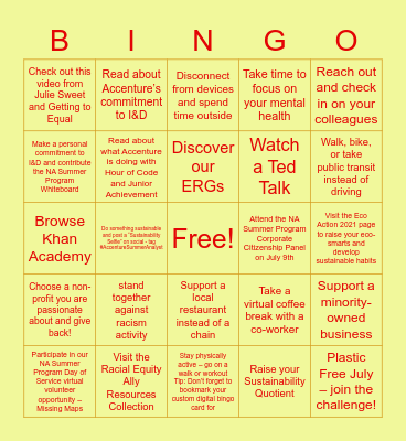 Accenture Summer Bingo Card