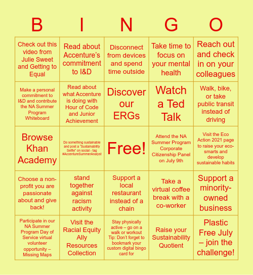 Accenture Summer Bingo Card