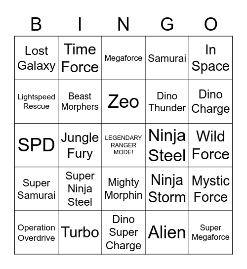 Legendary Ranger Mode Bingo Card