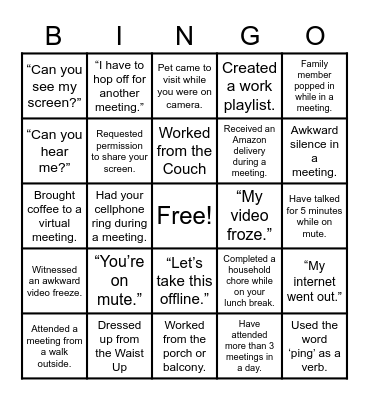 Remote Work Adventures Bingo Card