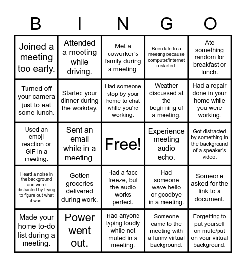 Other Remote Work Adventures Bingo Card