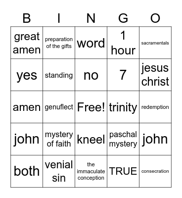 Cahtolic Bingo Card