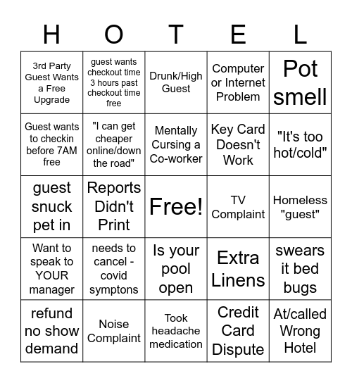 Hotel Bingo Card